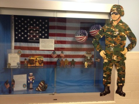 A display case at Myers Elementary proudly displays the American flag.
