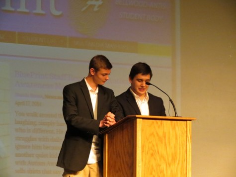 Luke Hollingshead (left) and Revel Southwell (right) entertained the audience at the poetry slam with a satirical poem about the Bellwood-Antis faculty.