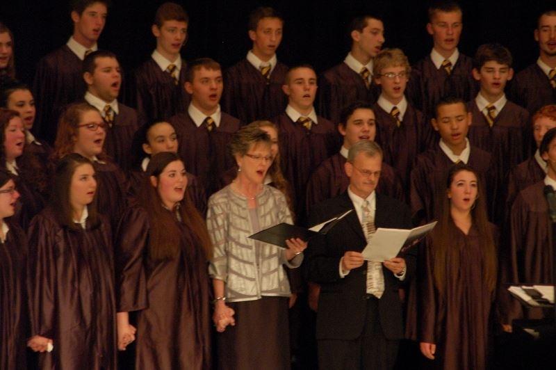 Mrs.+Wright+and+Mr.+Bower+sang+with+their+choir+members+one+last+time+at+the+senior+high+choral+concert+on+Wednesday.