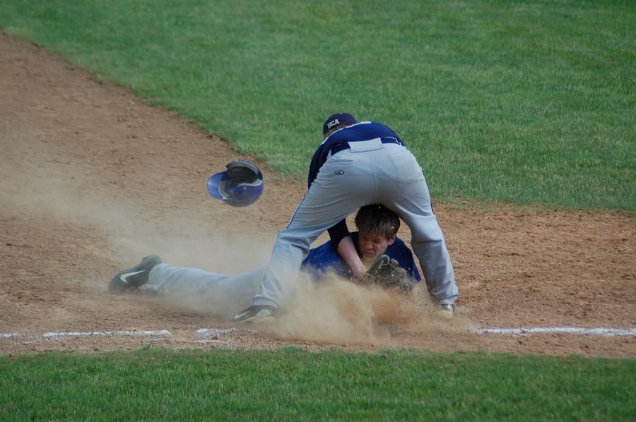 Senior Jake Stapleton goes head-first into the bag in yesterdays playoff loss to Bald Eagle Area.