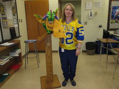 High school English teacher Mrs. Zong was Blue Devil Nation from head to toe on game day.