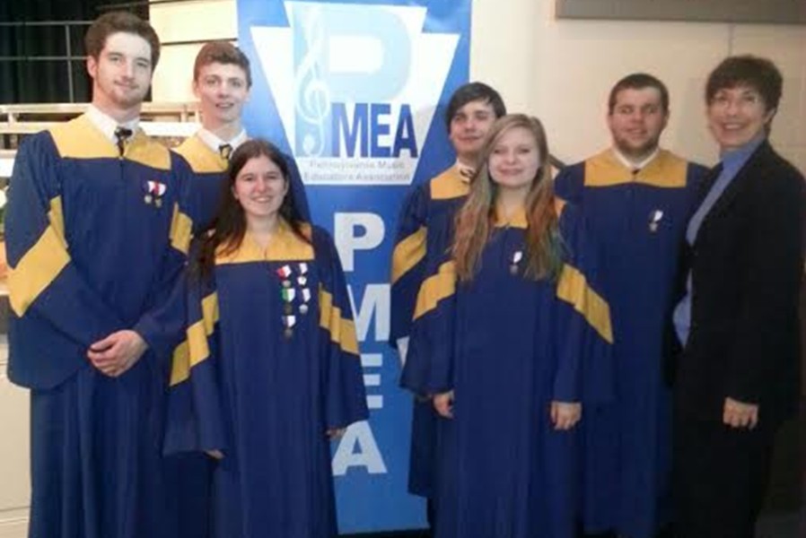 Randy Zitterbart, Luke Hollingshead, Emily Estright, Revel Southwell, Emily Hoover, Lain Hall, and choral director Ms. Hull represented Bellwood-Antis at the PMEA District 6 choral concert.