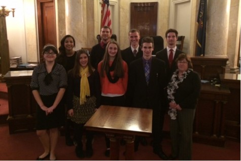 The mock trial team lost its match to Bishop McCort at the Cambria County Courthouse in Ebensburg.  Team members present were, front row: Kerri Little, Sarah Knisely, Taylor Shildt, Lucas Tuggy, and coach Sally Padula; back row: Kayla Wooten, coach Kerry Naylor, Isaac Mills, and Randy Zitterbart.