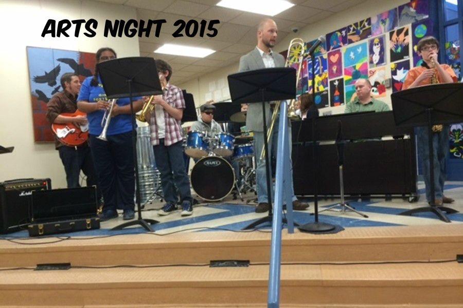 Mr.+Sachse+participated+in+a+student+jazz+band+that+kept+Arts+Night+attendees+entertained+throughout+the+event.