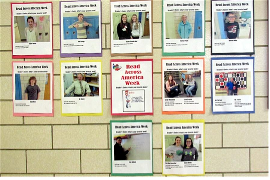 Posters of student and teacher readers were hung around the school Monday for Read Across America Week.