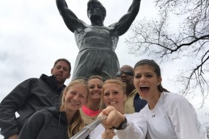 Crook and the rest of the Pitt 4X1500 meter relay team had some time for pictures while at the Penn Relays in Philadelphia. From left, distance coach Adam Bray, Hana Casalnova, Dana DelleFemine, Crook, director of track  and field operations Darryl Weston, and Melanie Vlasic.