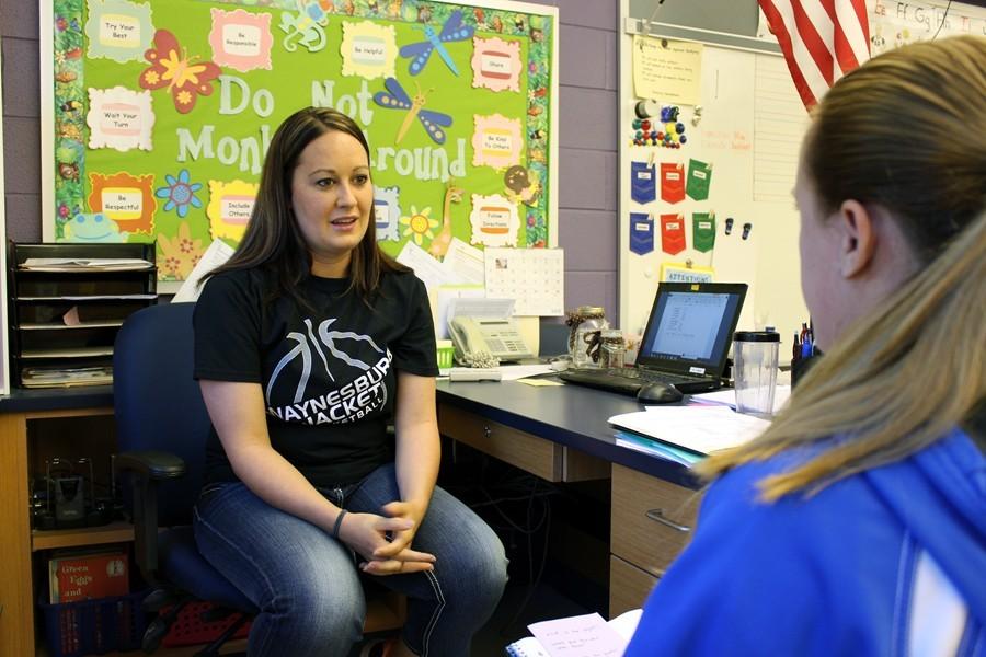 Myers+teacher+Kyley+Longo-McGarvey+recently+spoke+with+reporter+Kara+Engle+about+a+project+to+raise+money+for+Stockings+for+Troops.