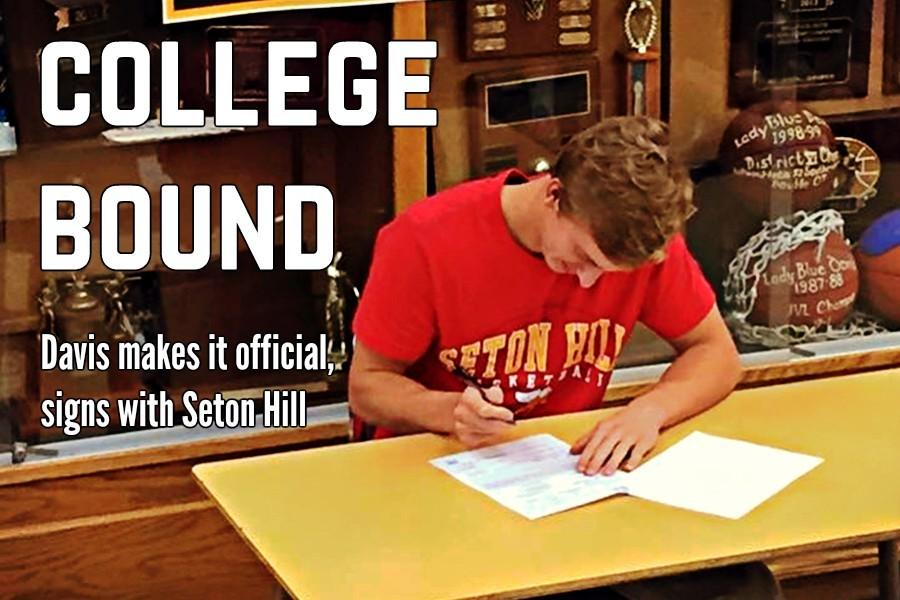 Senior hoops star Nathan Davis signed his National Letter of Intent yesterday to play for Seton Hill.