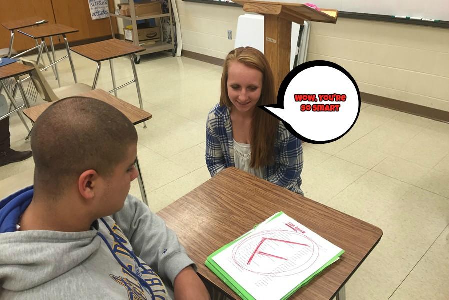 Maddie Miller shows friendly sarcasm to Adam Bowers after a bad test.