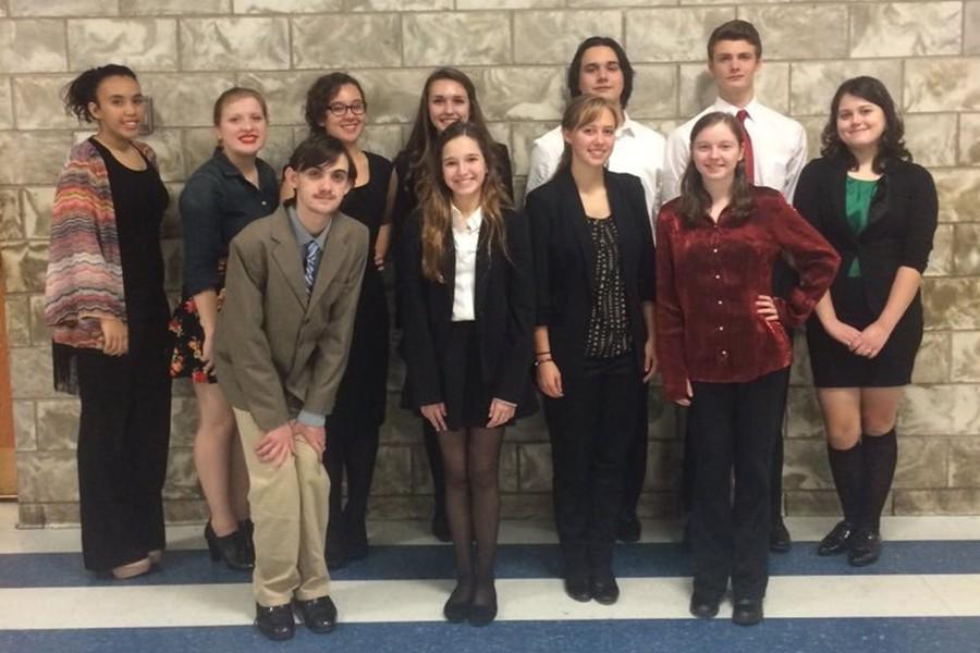Speech team members in cude: front row (l to r) Jeremy Morrissey, Alivia Jacobs, Addison Clemente and Brande Robison. Back row (l to r): Dejah Rhodes, Michelle Miller, Hannah Hornberger, Sydney Patterson, Revel Southwell, Luke Hollingshead and Kerri Little.