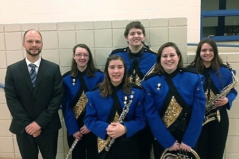 Five band members represented Bellwood-Antis at District 6 chorus. Pictured are: front row (l to r): Sarah Knisely and Kyra Woomer; back row (l to r): Band Director Mr. Pat Sachse, Kaitlyn Farber, Logan Morrison, and Kaitlyn Hamer. Farber, Hamer and Knisely each advanced to rebional band.