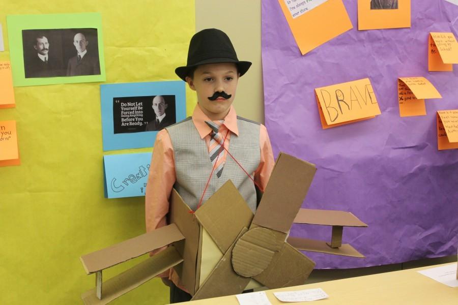 Ethan Hoover gave his presentation as one of the Wright Brothers.