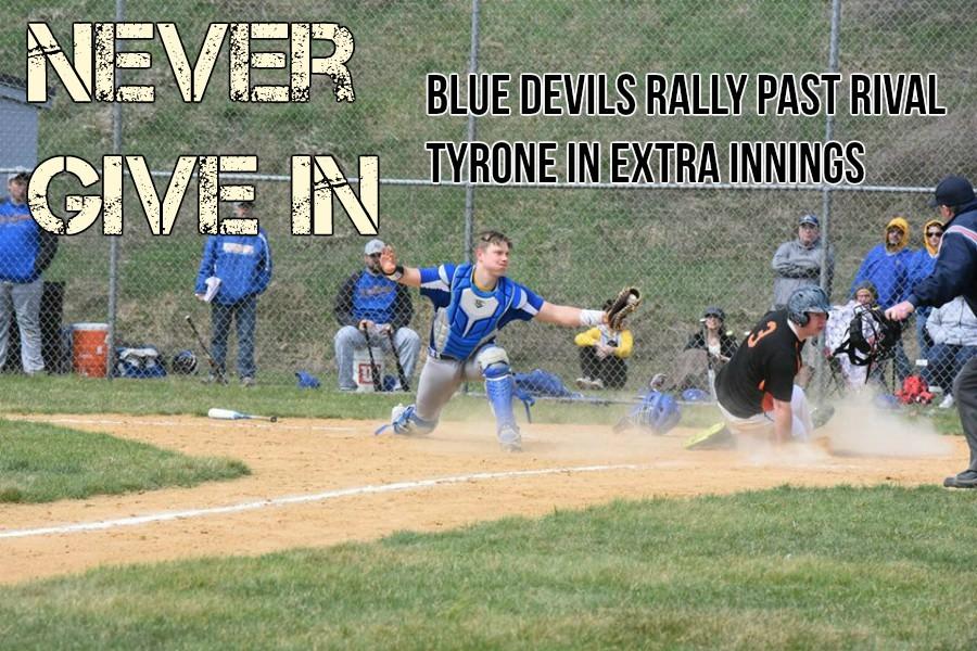 Catcher Sawyer Kline missed this tag, but like the Blue Devil team rebounded with an RBI single later. B-A beat the Golden Eagles Saturday in nine innings.