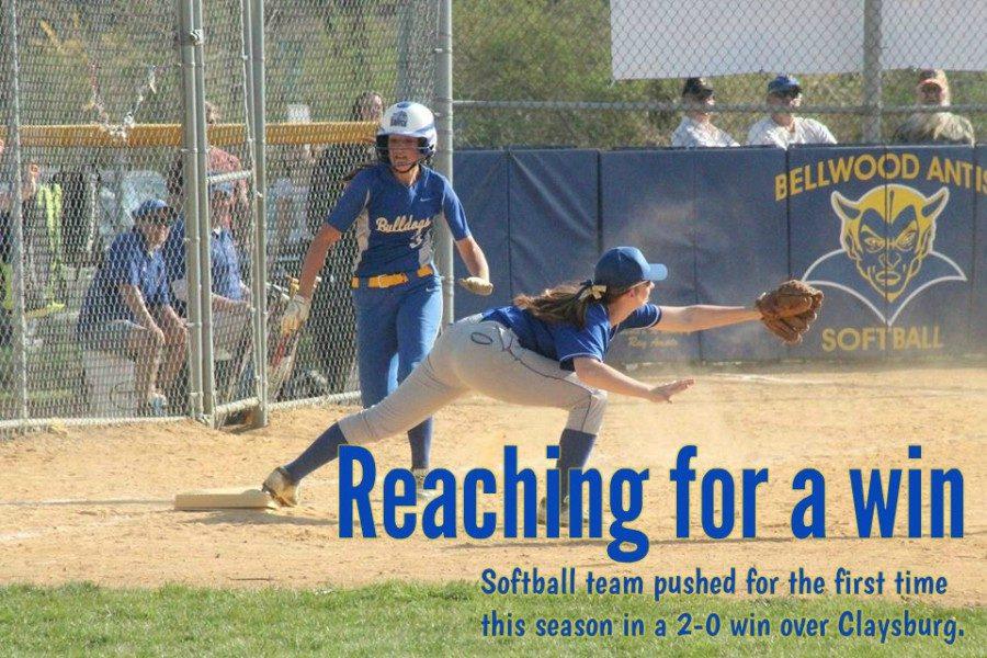 Maddie Miller stretches for a play at first base in yesterdays win over Claysburg.