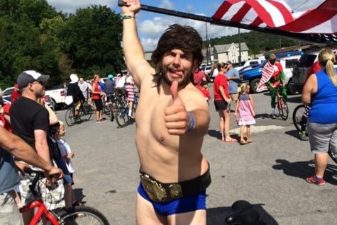 Terry Tate, dressed as Hacksaw Jim Duggan, shows one of the many crazy costumes some riders choose to don at Freedom Ride.