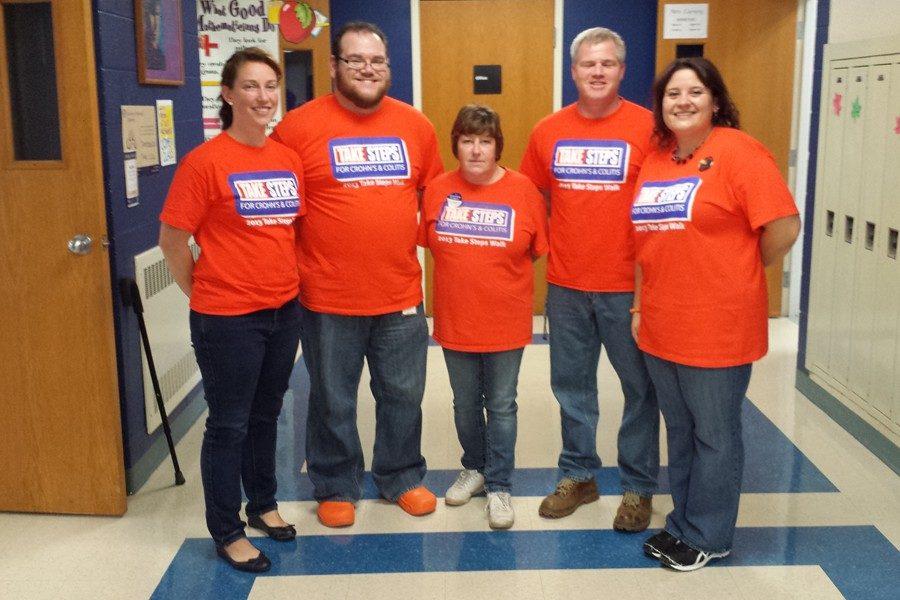 Mrs. Stinson, Mr. Noy, Mrs. Padula, Mr. Partner, and Ms. Shimel wear their shirts in support of Crohns research.