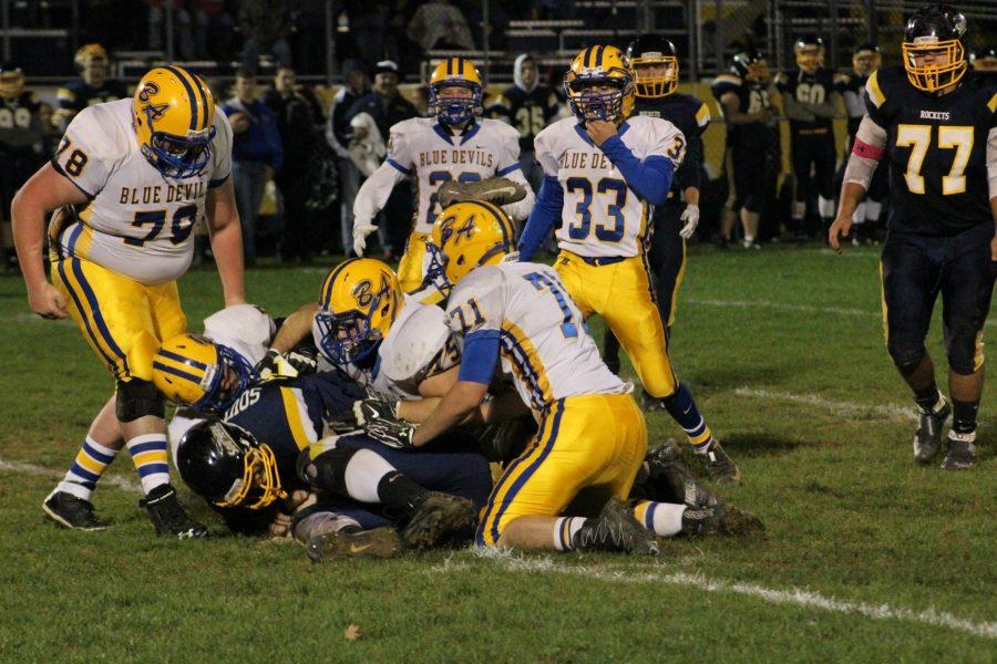 Austin Desch leads the B-A defense on a big stop against Southern Huntingdon last Friday.