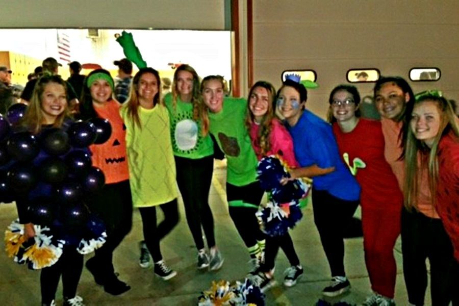The Bellwod-Antis cheerleaders dressed as fruit for the Bellwood Halloween parade on Tuesday.