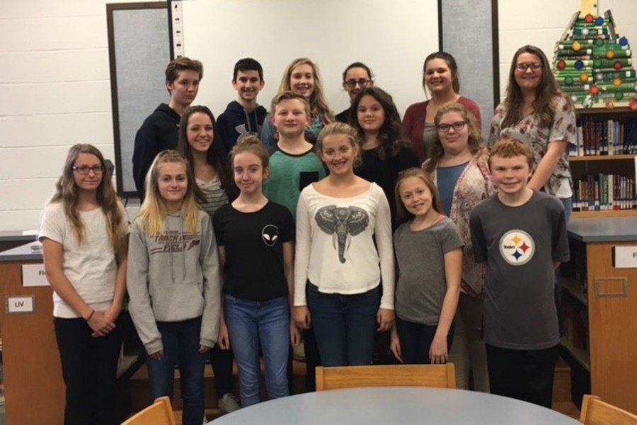 Junior high speech place-winners include, front row (l to r): Madison Otto, Riley Endress, Haley Campbell, Jaylee Shuke, Jayce Miller, and Ethan Brown. Middle row (to to r) Caroline Nagle, Hunter Gregg, Kami OShell, and Alexandra Diamond. Back row (lot to r): Emma Corradoo, Caeden Poe, Maddison Boyer, Dakota Woomer, Caylee Anne Taylor, and Lauren Young. Missong was Sophie Nelson.