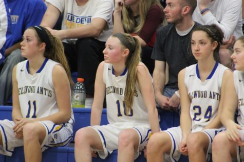 Riley DAngelo and Sophie Damiano look on from the bench after fouling out in the Lady Blue Devils loss to Everett Saturday in the ICC championship.