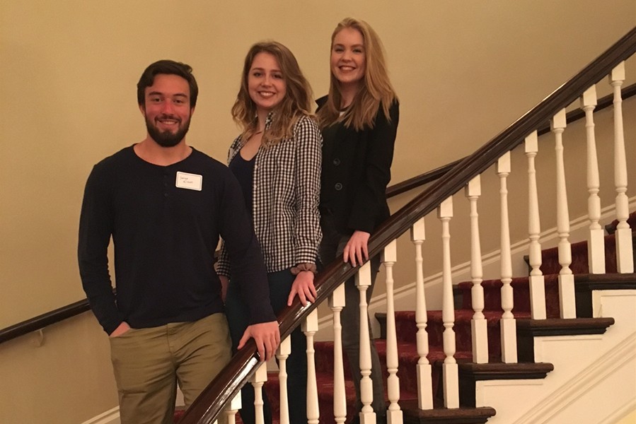 Grace Misera, top of the steps, was chosen to represent Bellwood-Antis at the CHS Public Forum later this month. She is shown here with classmates Jarryd Kissell and Haley McCloskey at a workshop for the event at the University Club on the campus of the University of Pittsburgh.