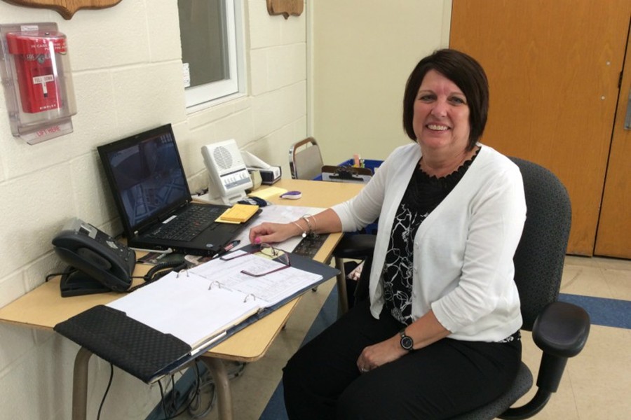 Deb Lechner is one of several greeters working at Bellwood-Antis High School. Greeters always are working hard at the front entrance.