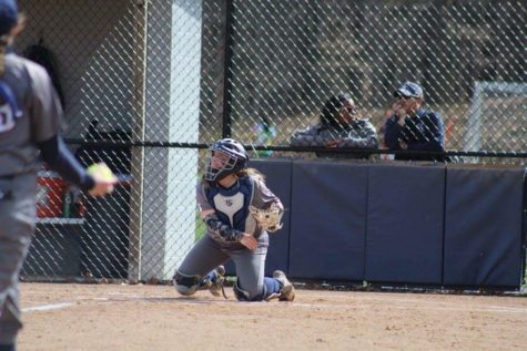 Caroline Showalter makes a practice throw during warm ups. She was recently named Mount Aloysius MVP.