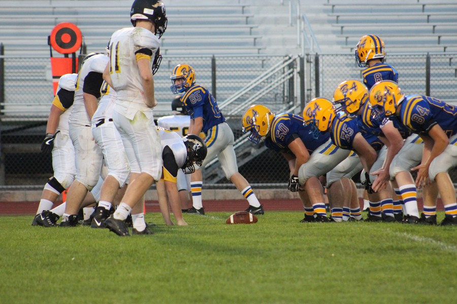 Players set up for another play.