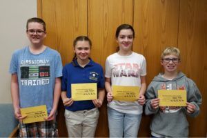This weeks middle school students of the week are: (l to r) Arrhen Gathagan, Lauren Rodland, Kate Wallace, and Samuel Miller.
