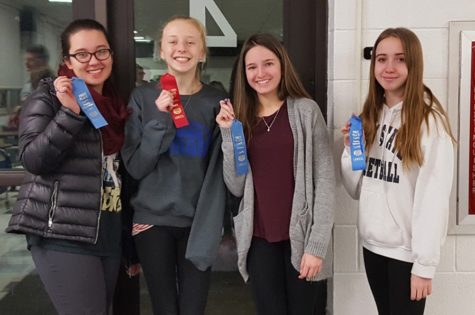 The speech team took home four ribbons Tuesday froma meet at Blacklick Valley. From left to right: Hannah Hornberger, Jenna Bartlett, Alivia Jacobs, and Haley Campbell.