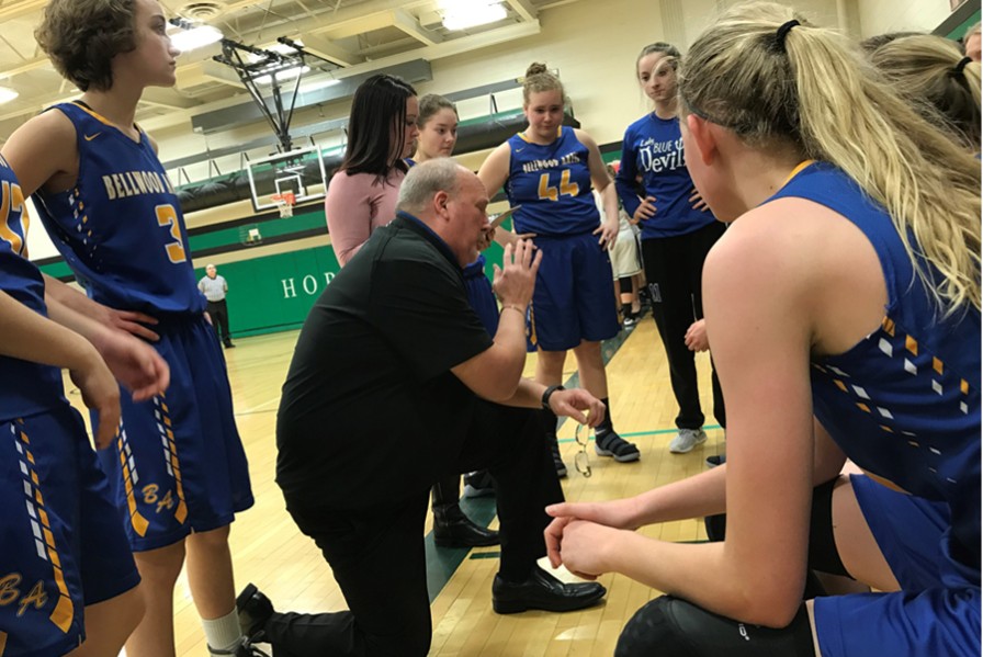 Coach+Jim+Swaney+addresses+his+team+during+a+timeout+against+Juniata+Valley.