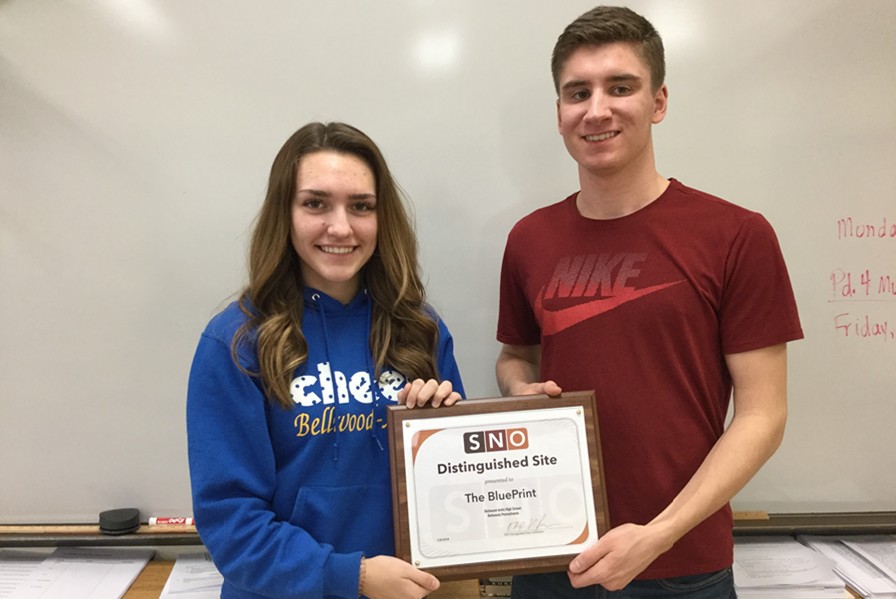 Editor in Chief Sidney Patterson and Graphics Editor Jake Miller pose with the BluePrints latest SNO Distinguished Site Award.