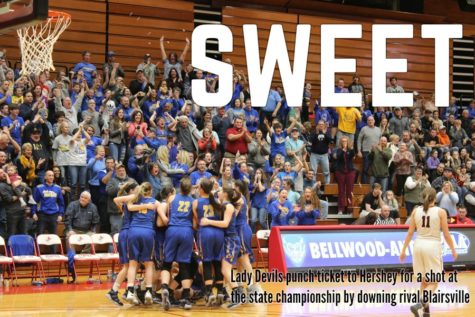 The Lady Blue Devils and their fans go wild after the closing seconds tick off of B-As 41-36 victory over Blairsville.