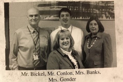 Mrs. Banks, shown with Mr. Bickel, Mr. Conlon, and Mrs. Gonder, was a fixture at the Bellwood-Antis Middle School.