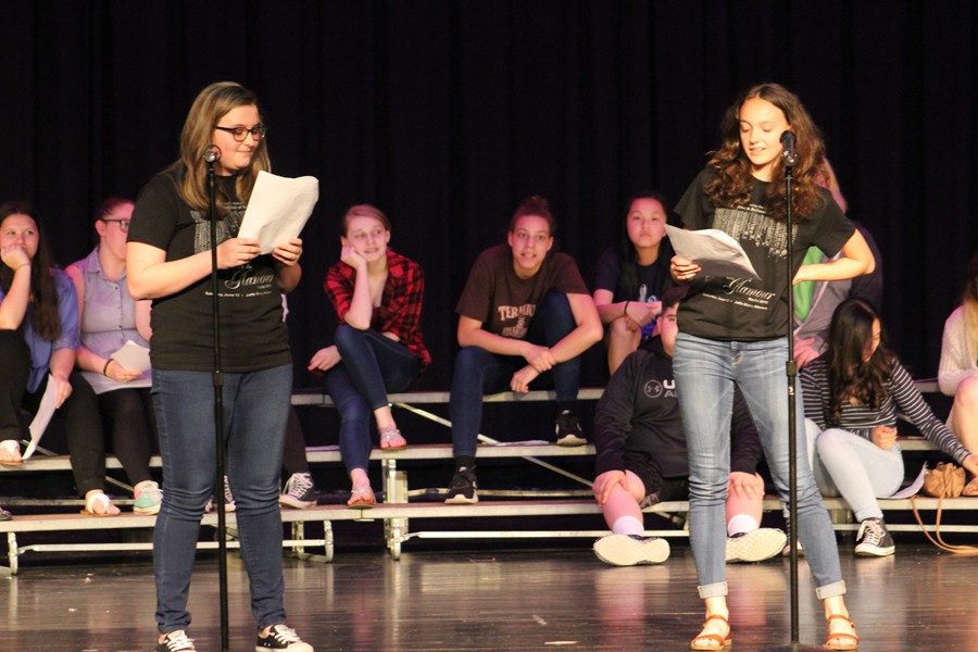 Lauren Young and Lauren Heisler perform at the 14th annual Poetry Slam.