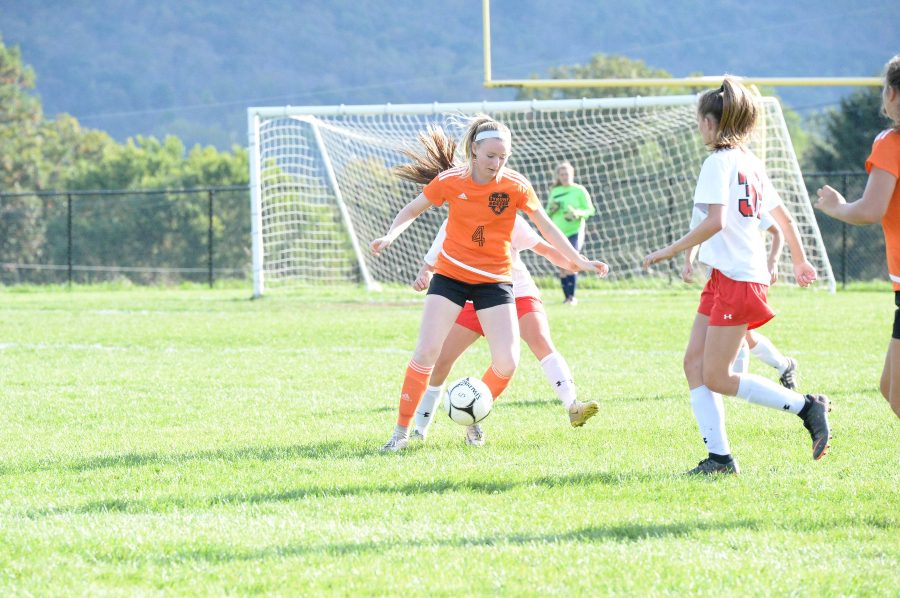 Riley DAngelo works the ball in the soccer teams 0-0 tie with Bellefonte.