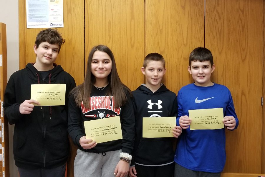 This weeks middle school Students of the week are: (L to r) Avery Luther, Miranda Tornatore, Holden Schreier and Kyler Boore.