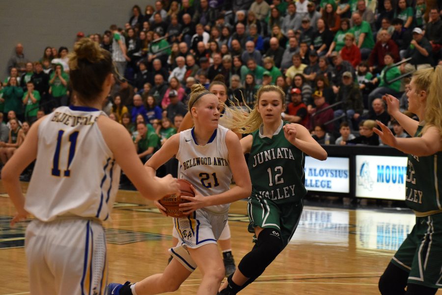 Alli Campbell drives to the hole for two of her 22 points against Juniata Valley.