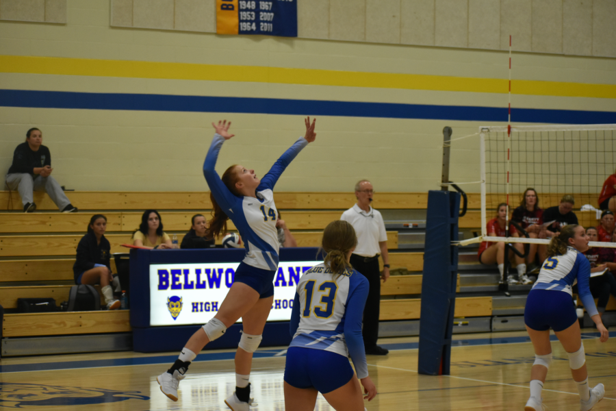 Karlie Feathers drives a shot over the net in Mondays volleyball game against Everett.