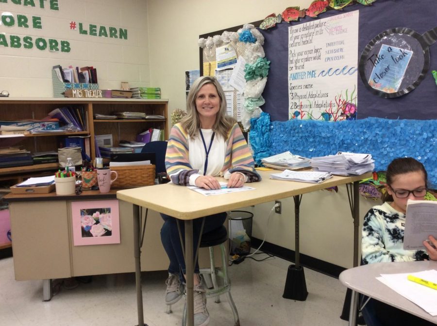Mrs. Trexler hanging out in her sixth grade classroom.