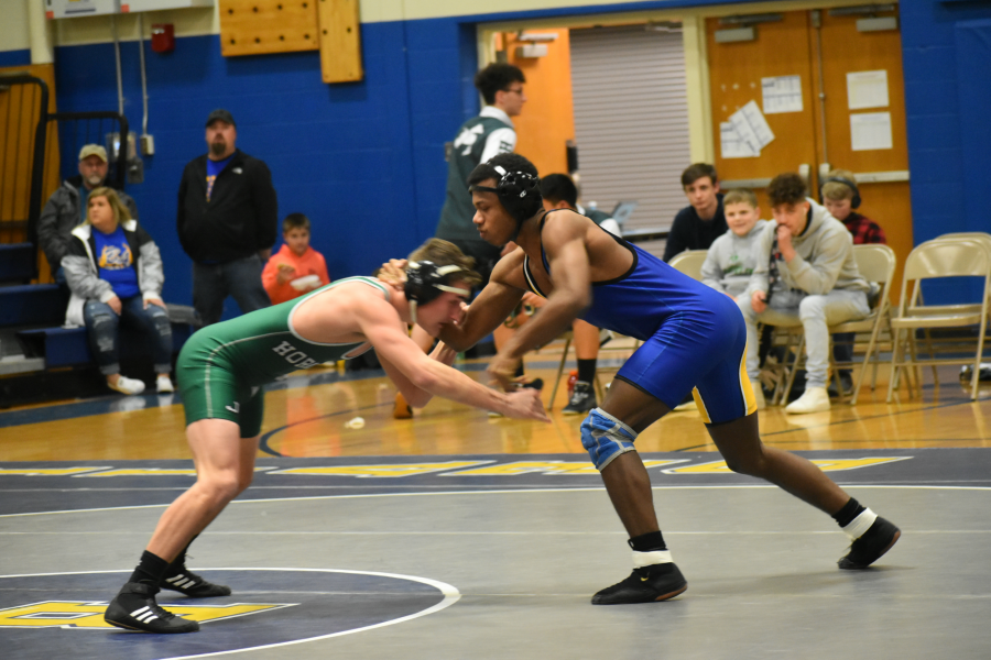 Alex Taylor locks up against Juniata Valley. Taylor earned a spot on the 60-point banner with the win.