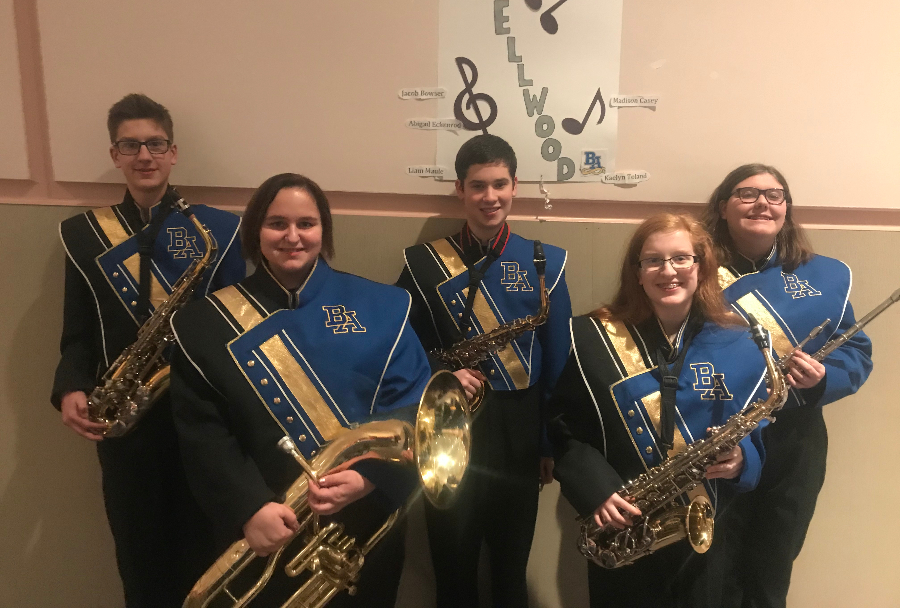 (Left to right) Liam Maule, Madison Cassidy, Jacob Bowser, Kaelyn Toland, and Abi Eckenrode performed recently at Junior High County Band.