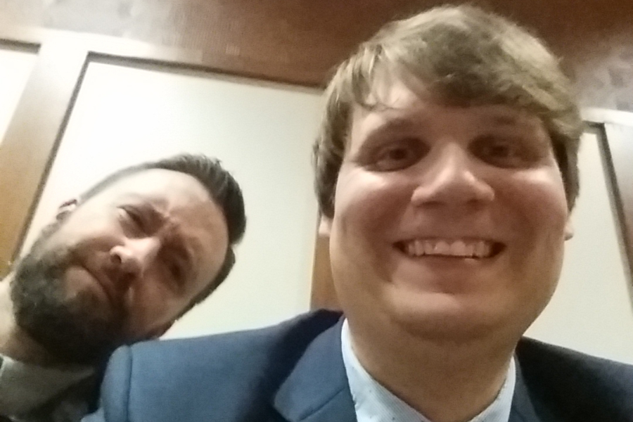 Mr. Elder and Mr. McNaul celebrate the Mock Trial teams win with a selfie.