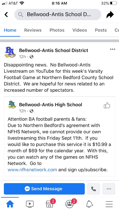 The Bellwood-Antis School District announced this week that free streaming would not be available for Fridays football game between B-A and Northern Bedford.