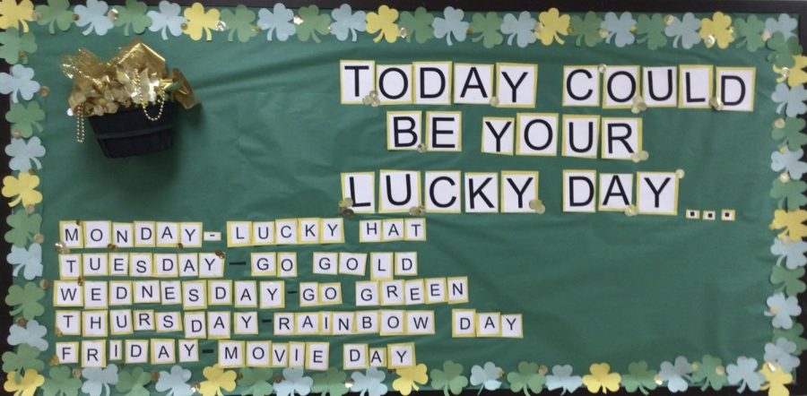 The bulletin board located in the middle school hallway decorated for St. Patrick’s Day.