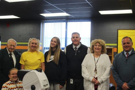 Mr. Michael Turek was in Bellwood Tuesday to donate a vision screener on behalf of the Lions Club. Pictured above at a reception in the high school media center are (l to r) Acadia Turek, Mr. Turek, Avery Turek, Addy Turek, B-A principal Richard Schreier, school nurse Kelly Hoover, and Superintendent Edward DiSabato.