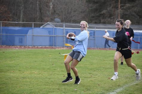 Chelsea McCaulsky scores a touchdown in the seniors big win over the juniors in the powderpuff game.