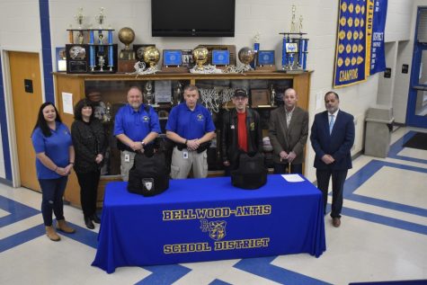 School officials were on hand Thursday unveil new bullet proof vests purchased by the security team thanks to donations from the UHVA and the Bellwood Eagles. Pictured from left to right are Heather McClellan, Eagles President, Sandy Beech, Jeff Hannah, Tim Mercer, Thomas Evanskey, Fraternal Order of Eagles #1859 representative, Benjamin Fetterman, United Veterans Home Association representative, and B-A Superintendent Mr. Edward DiSabato.