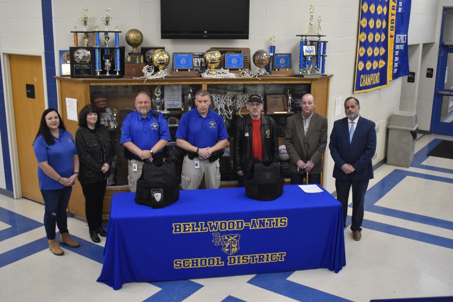School+officials+were+on+hand+Thursday+unveil+new+bullet+proof+vests+purchased+by+the+security+team+thanks+to+donations+from+the+UHVA+and+the+Bellwood+Eagles.+Pictured+from+left+to+right+are+Heather+McClellan%2C+Eagles+President%2C+Sandy+Beech%2C+Jeff+Hannah%2C+Tim+Mercer%2C+Thomas+Evanskey%2C+Fraternal+Order+of+Eagles+%231859+representative%2C+Benjamin+Fetterman%2C+United+Veterans+Home+Association+representative%2C+and+B-A+Superintendent+Mr.+Edward+DiSabato.