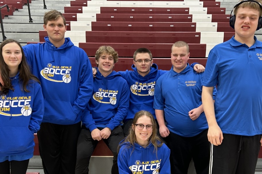 The unified bocce team poses for a group photo in Altoona before their first bocce match